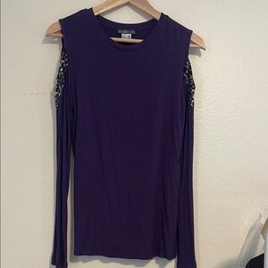 VENUS Purple Cold-Shoulder Long Sleeve Top with Leopard Accent